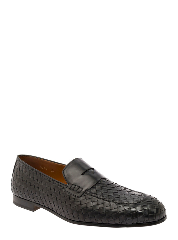 Black Pull On Loafers Woven Leather Man Calf