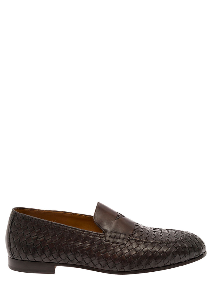 Brown Pull On Loafers Woven Leather Man Calf
