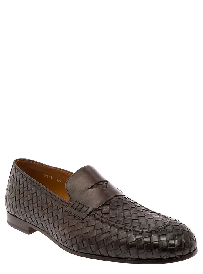 Brown Pull On Loafers Woven Leather Man Calf