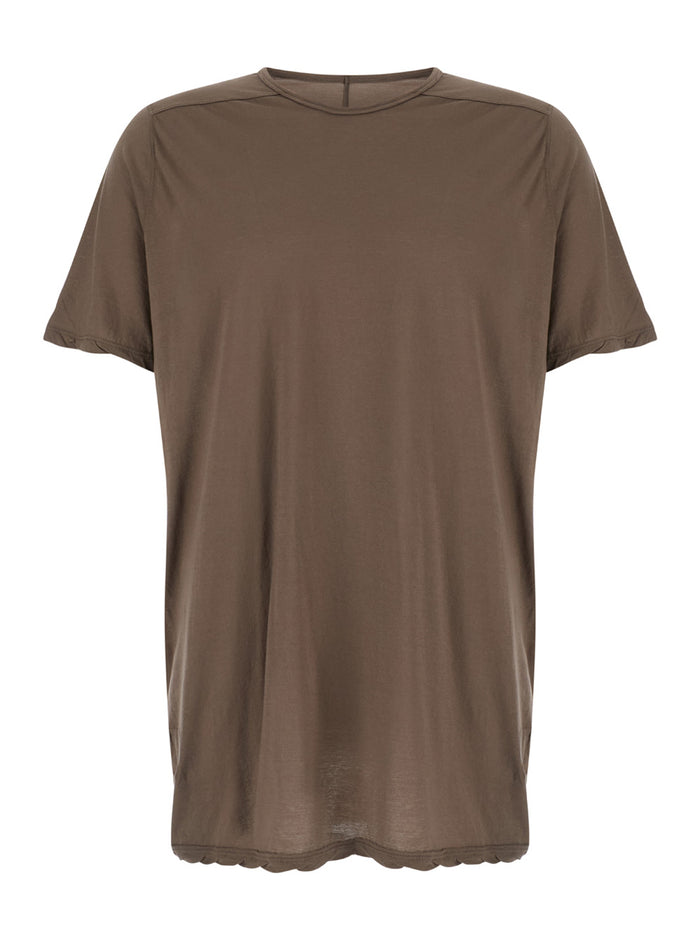 Dark Beige Crewneck T-Shirt With Oversized Band Cotton Man Brown Tshirts And Polo Shirts