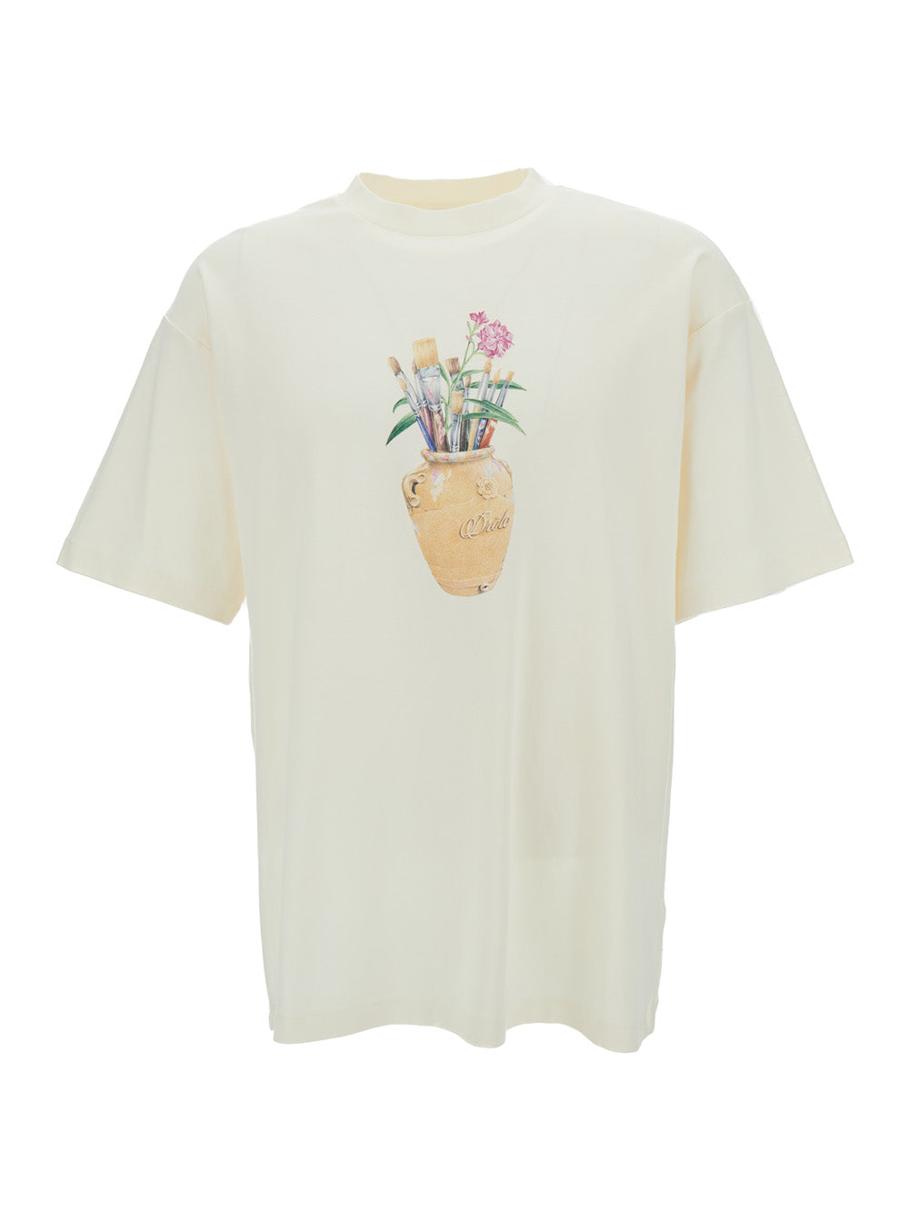 White Crewneck T-Shirt With Pinceaux Print Cotton Man Tshirts And Polo Shirts