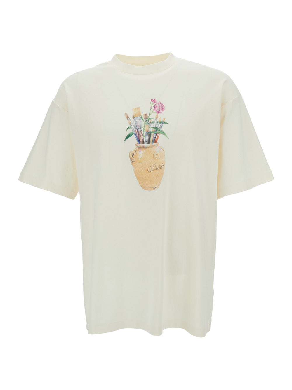 White Crewneck T-Shirt With Pinceaux Print Cotton Man Tshirts And Polo Shirts