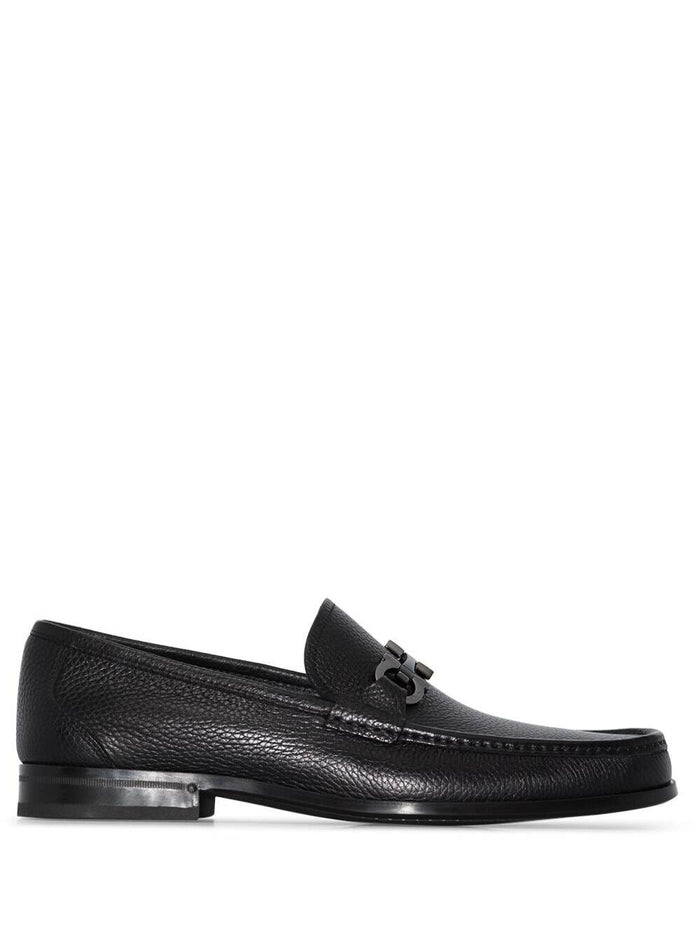 Black Loafers With Tonal Gancini Detail Hammered Leather Man Calf