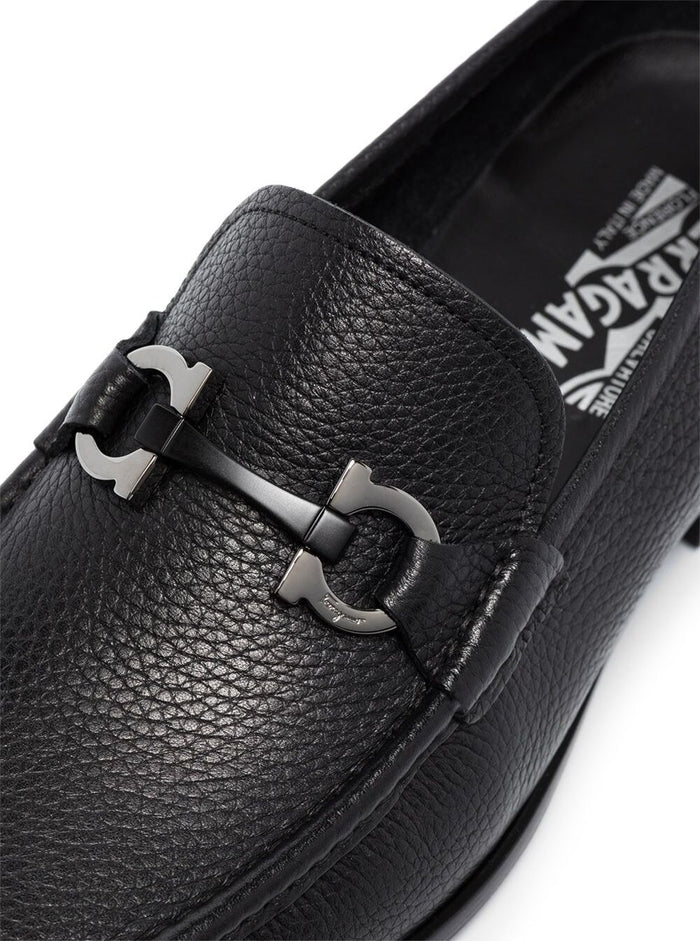 Black Loafers With Tonal Gancini Detail Hammered Leather Man Calf