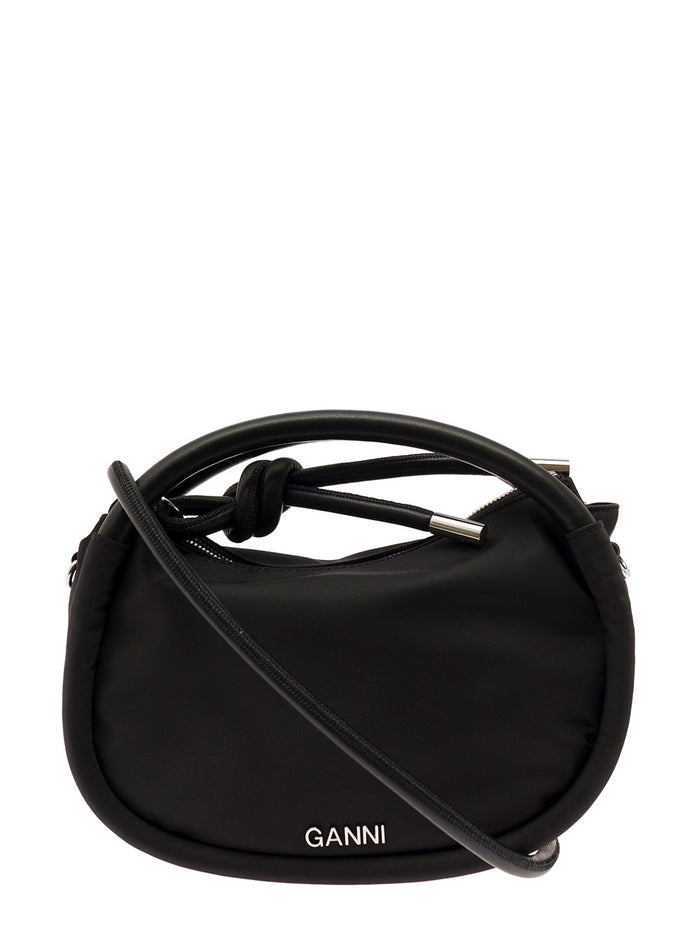 Knot Mini Black Shoulder Bag With Logo And Detail Recycled Fabric Leather Woman Hand