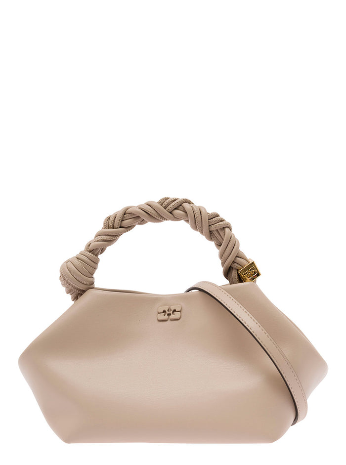 Ganni Bou Beige Handbag With Butterfly Logo And Hand-Braided Strands Leather Woman Recycled Pu Polyester Hand Bags