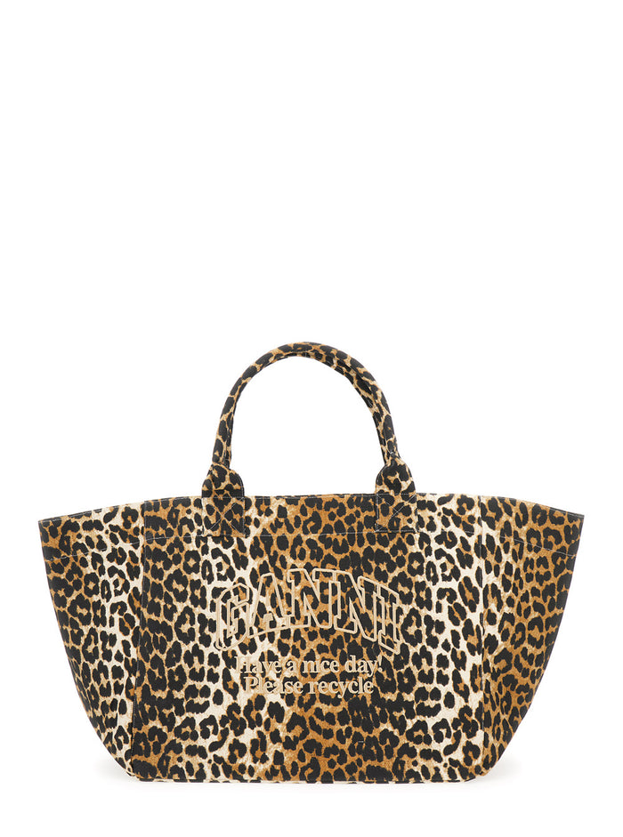 Xxl Brown Tote Bag With Logo Embroidery And Leopard Print Recycled Cotton Woman