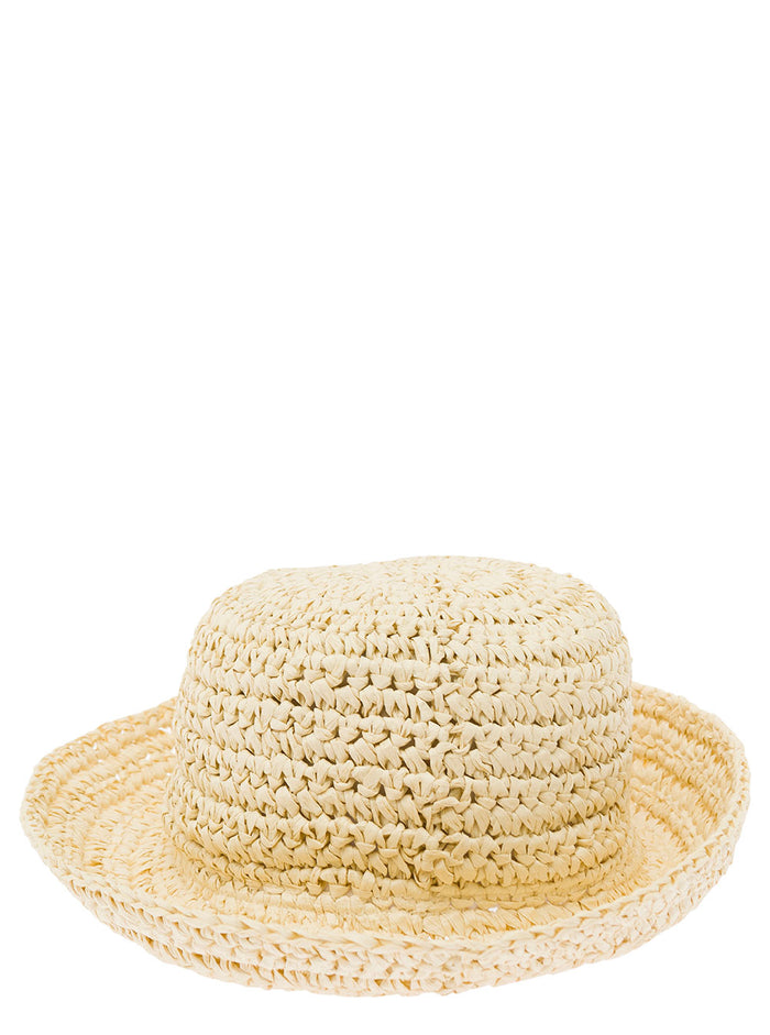 Yellow Bowler Hat Straw Woman Beige Rafia And Gloves