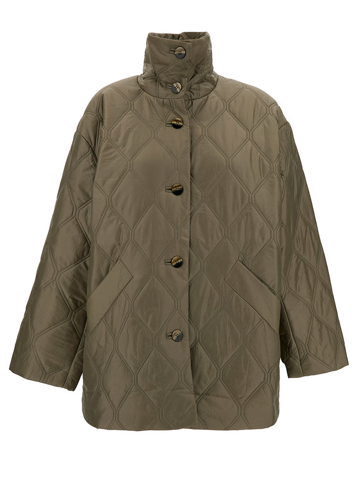 Green Quilted Jacket With High Neck And Buttons Recycled Polyamide Woman