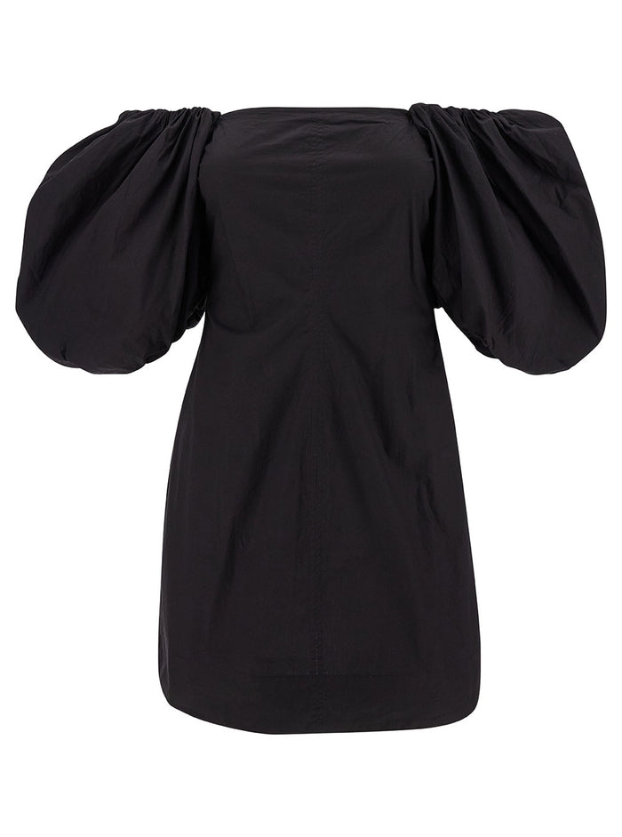 Mini Black Dress With Puff Sleeves Cotton Woman