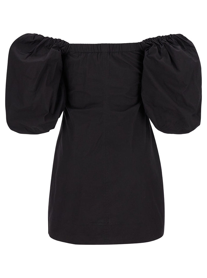 Mini Black Dress With Puff Sleeves Cotton Woman
