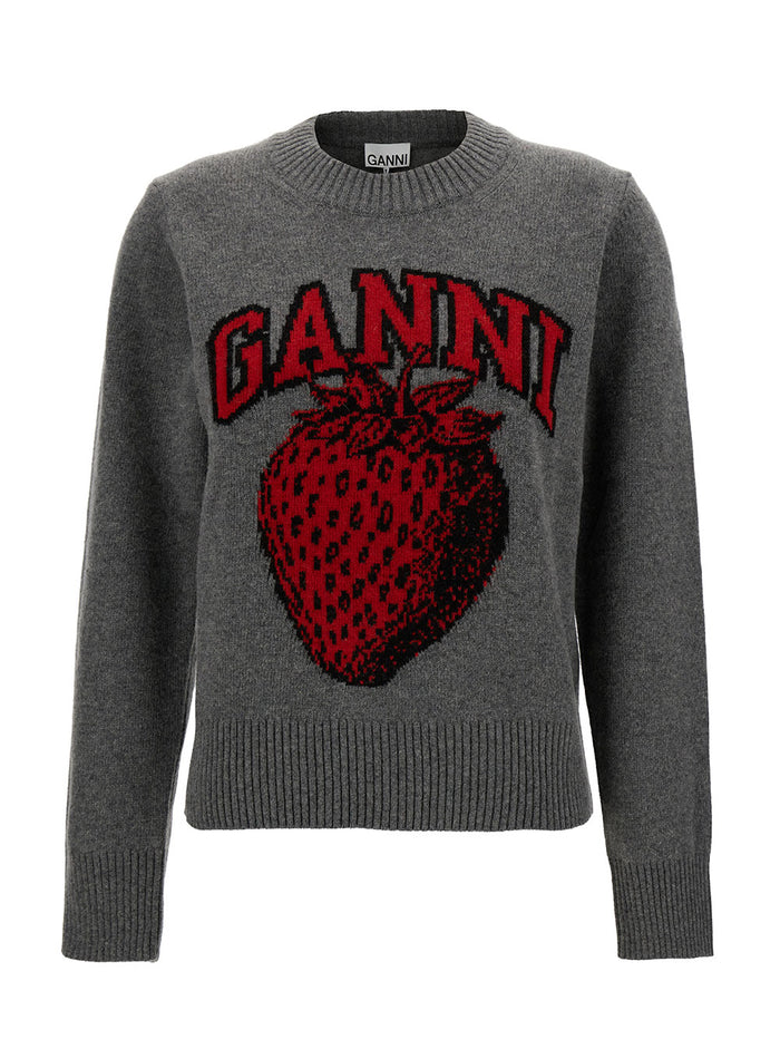 Grey Sweater With Strawberry And Logo Motif Wool Blend Woman Jersey
