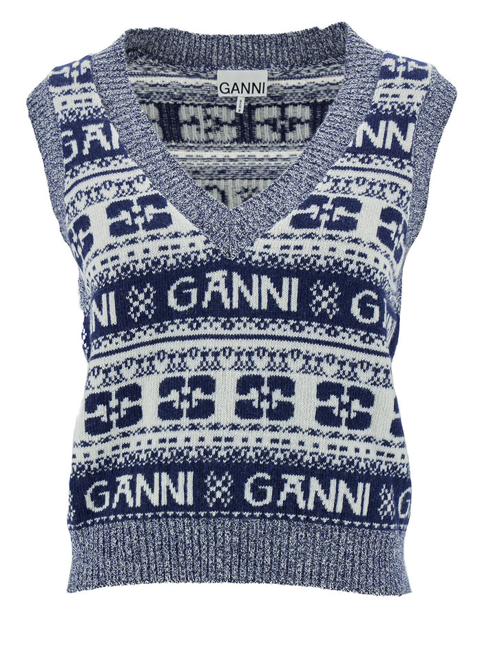 Grey Graphic V-Neck Vest Wool Blend Woman Blu Blazers