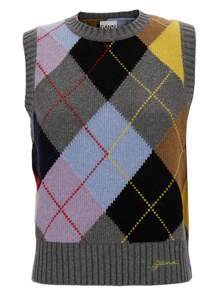 Grey Vest With Check Motif And Logo Embroidery Wool Blend Woman Jersey