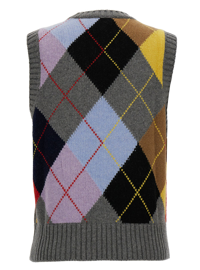 Grey Vest With Check Motif And Logo Embroidery Wool Blend Woman Jersey