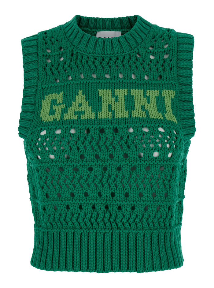 Green Crochet Vest With Logo Cotton Woman Organic Blazers