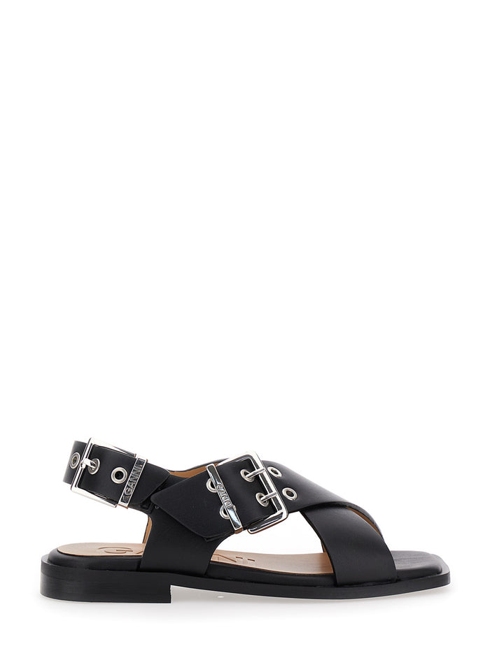 Black Sandals With Criss Cross Straps Leather Woman Calf Flat Shoes