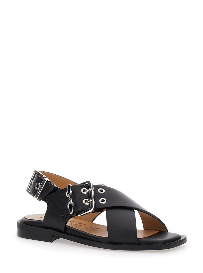 Black Sandals With Criss Cross Straps Leather Woman Calf Flat Shoes