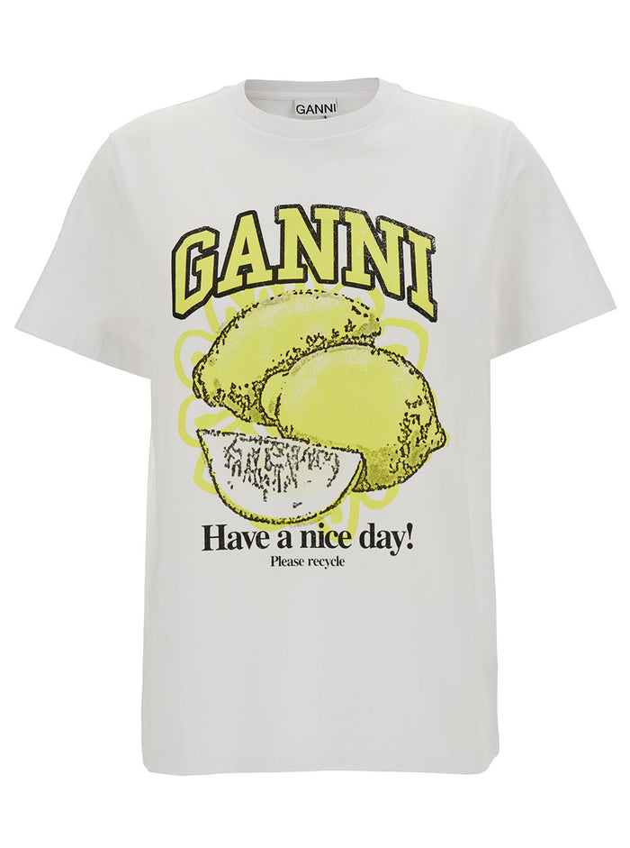 White Crewneck T-Shirt With Lemon Print Cotton Woman Organic Tshirts And Polo Shirts