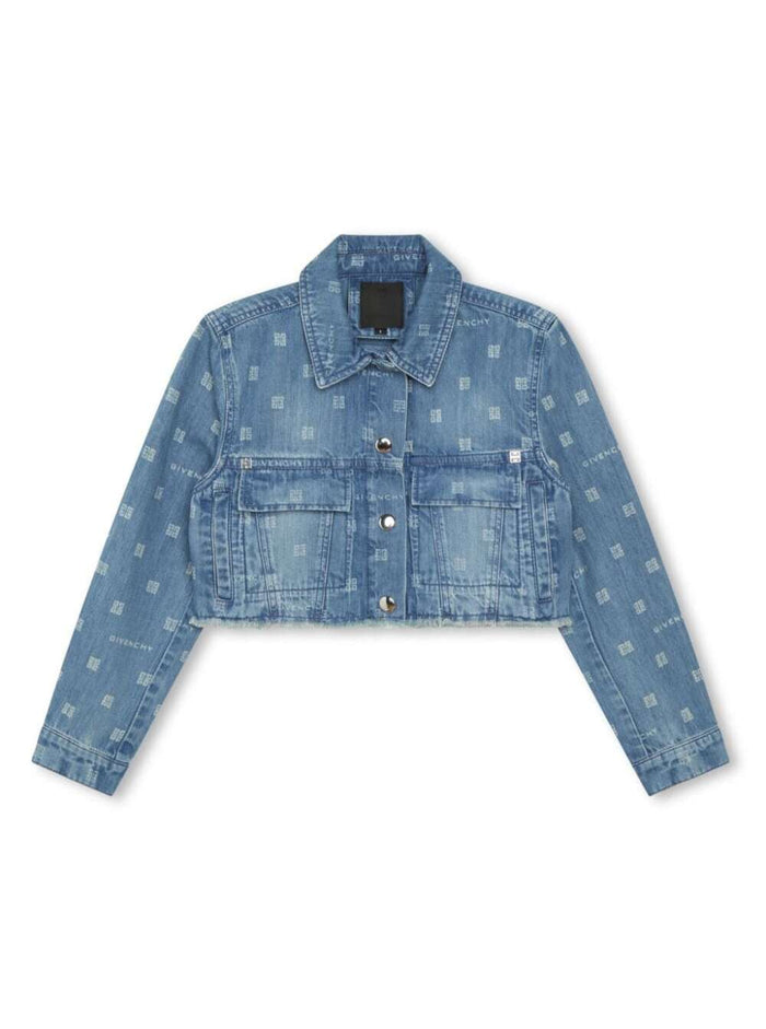 Light Blue Crop Jacket With All-Over 4g Embroidery Cotton Denim Girl Blazers