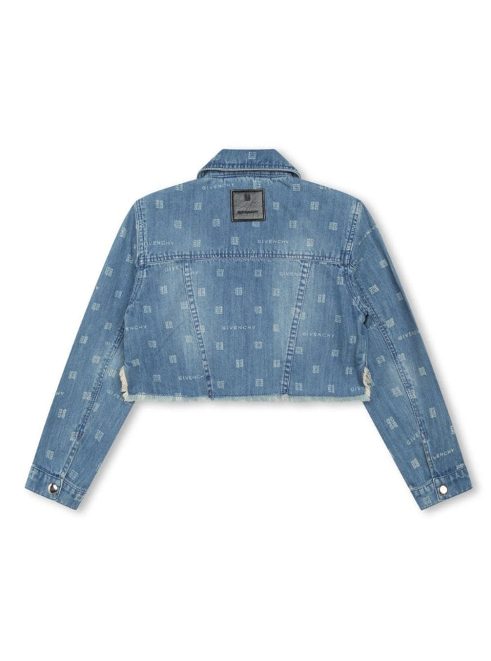 Light Blue Crop Jacket With All-Over 4g Embroidery Cotton Denim Girl Blazers