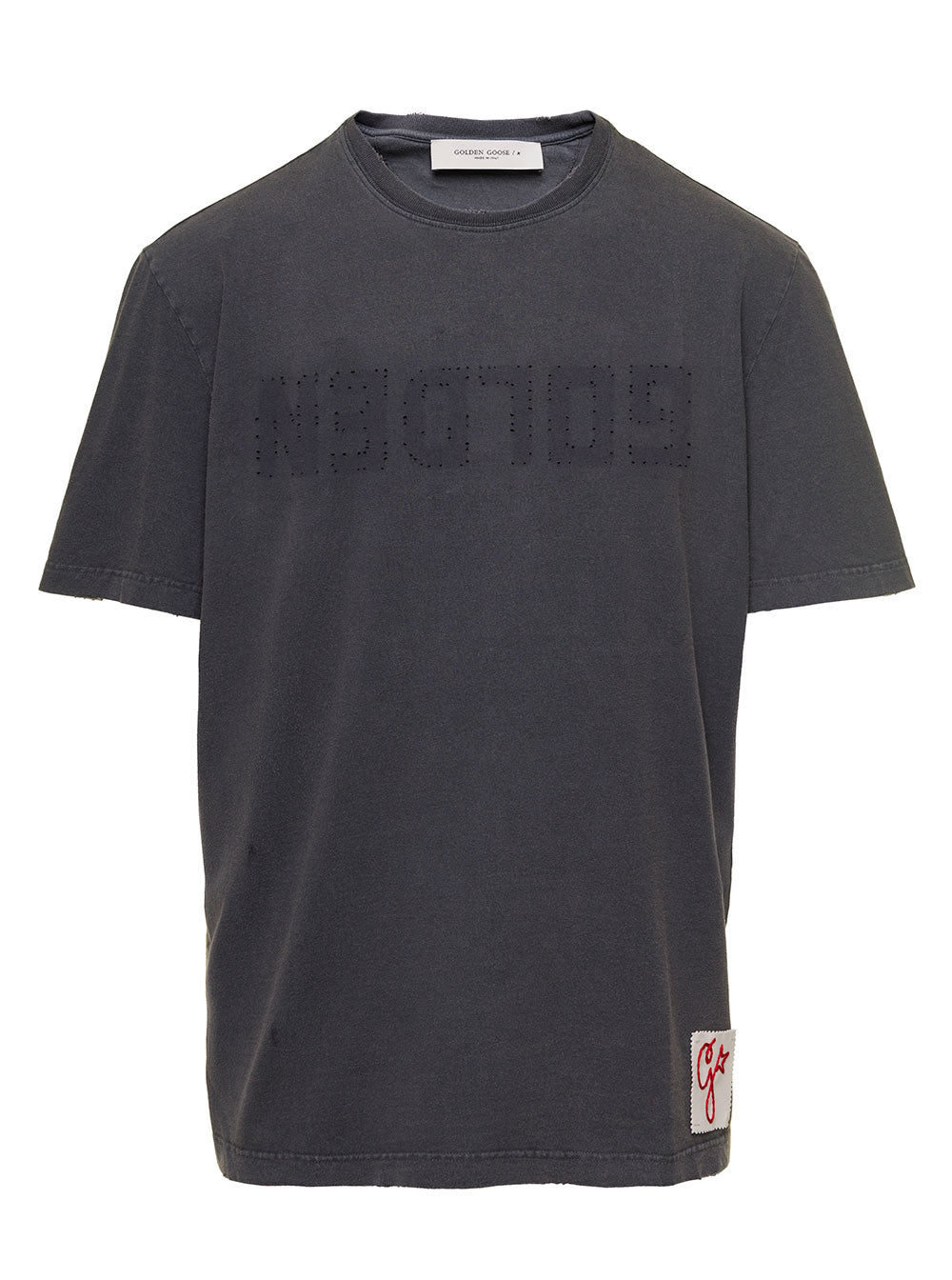 Black Distressed T-Shirt With Logo Man Golden Goose Grey Cotton Tshirts And Polo Shirts