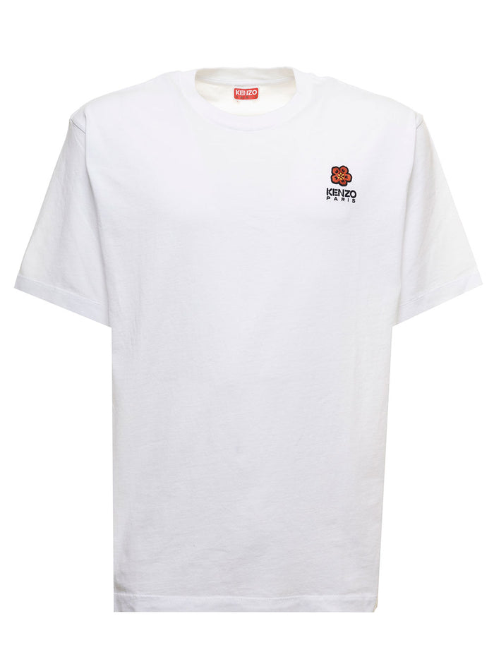 White Cotton T-Shirt With Embroidered Crest Logo Kenzo Man Tshirts And Polo Shirts