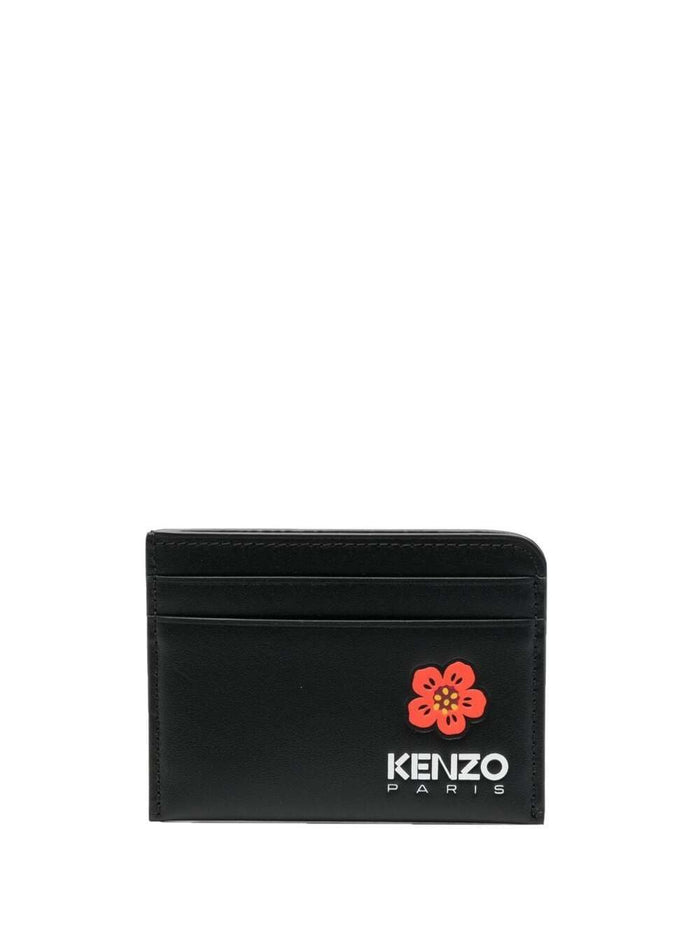 Black Cardholder With Boke Flower Logo Calf Leather Man Cow Products
