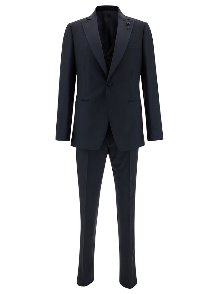 Blue Single-Breasted Suit With Peak Revers Wool Man Blu Suits