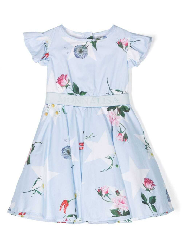 Blue Dress With Branded Band And Floreal Print Cotton Girl Light