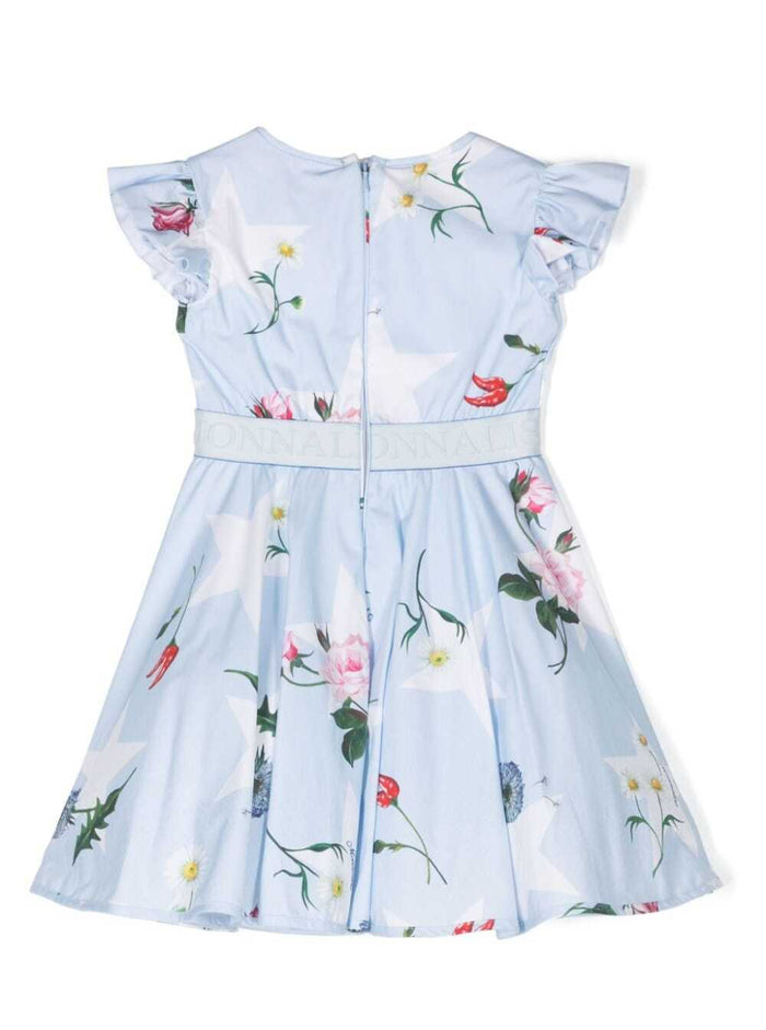 Blue Dress With Branded Band And Floreal Print Cotton Girl Light