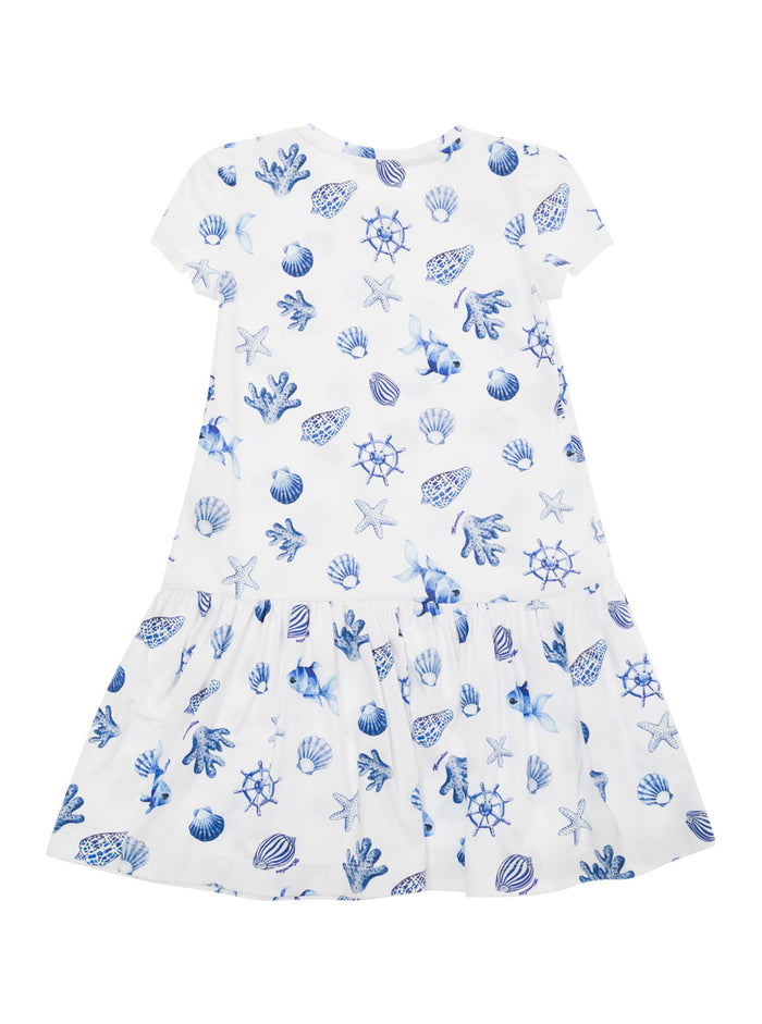 Mini Blue Dress With All-Over Marine Print Stretch Cotton Girl Elastan