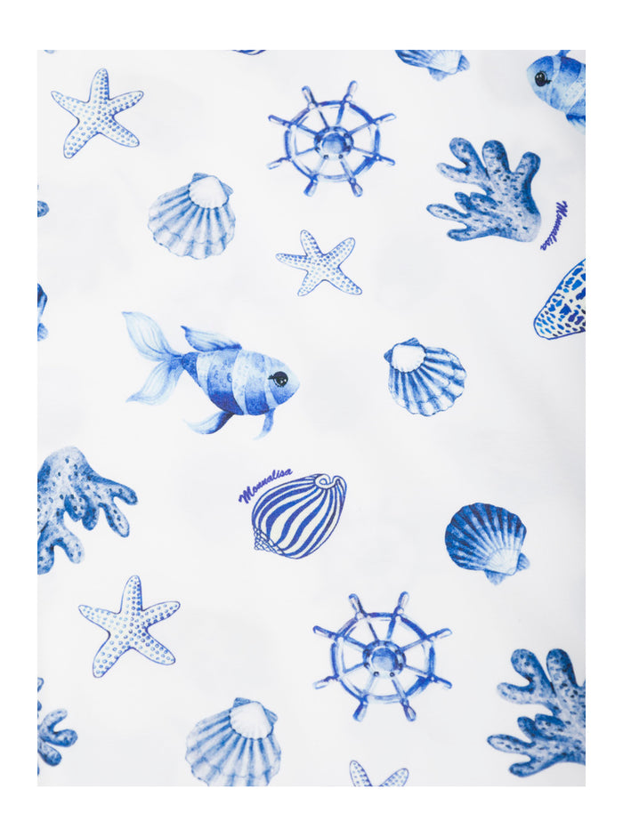 Mini Blue Dress With All-Over Marine Print Stretch Cotton Girl Elastan