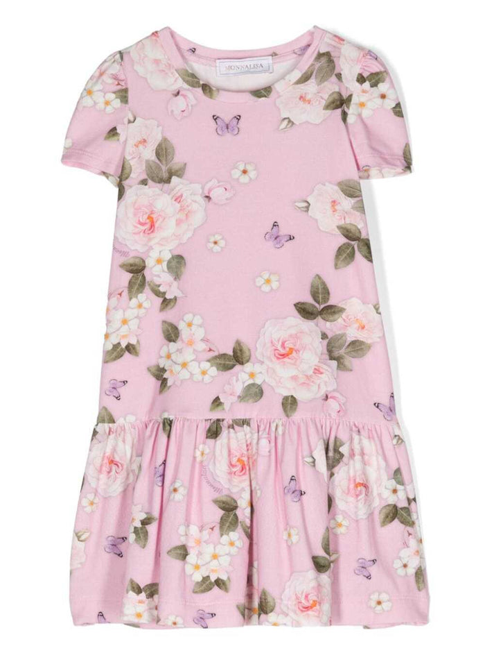 Pink Crewneck Dress With Floreal Print Stretch Cotton Girl Elastan