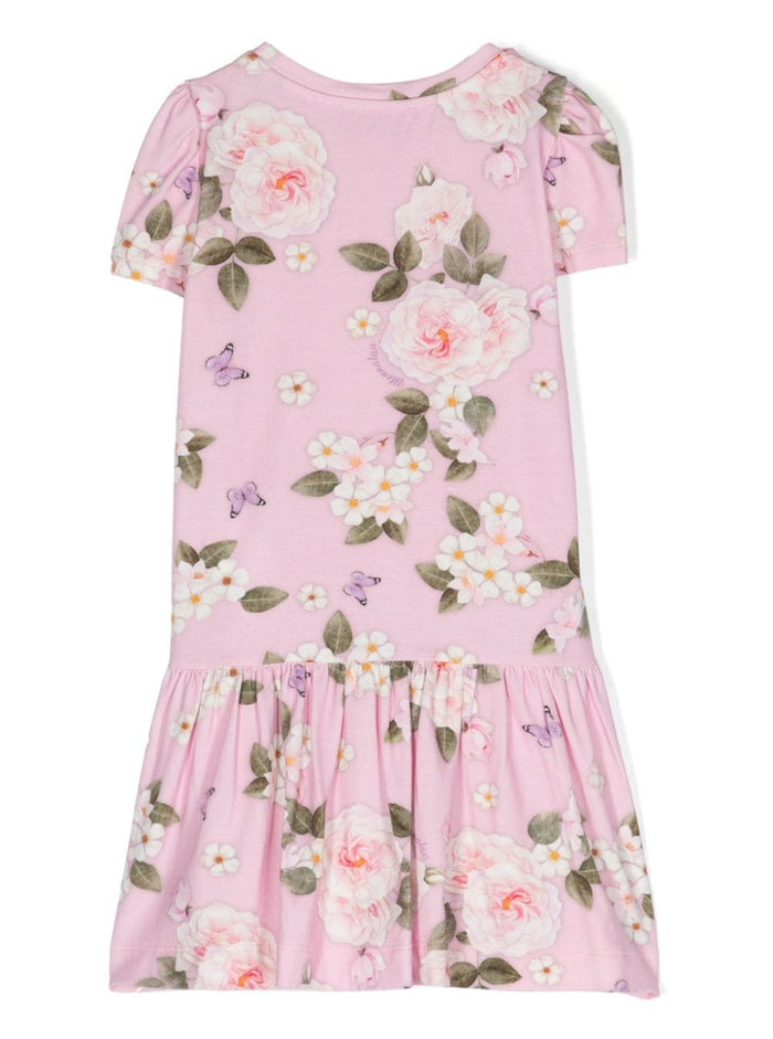 Pink Crewneck Dress With Floreal Print Stretch Cotton Girl Elastan
