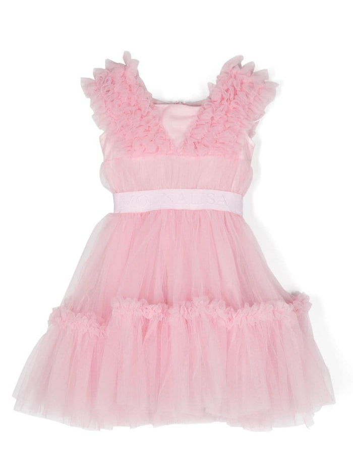 Pink Mini Dress With Band Tulle Girl Polyamide