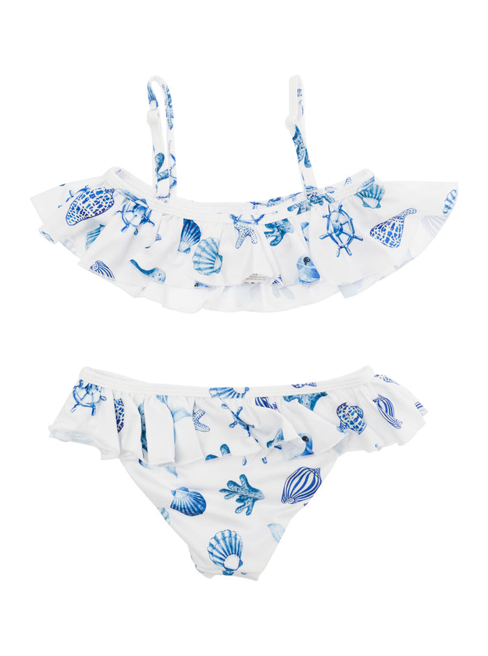 White And Blue Bikini With Graphic Print Technical Fabric Girl Polyester Elastan Beachwear