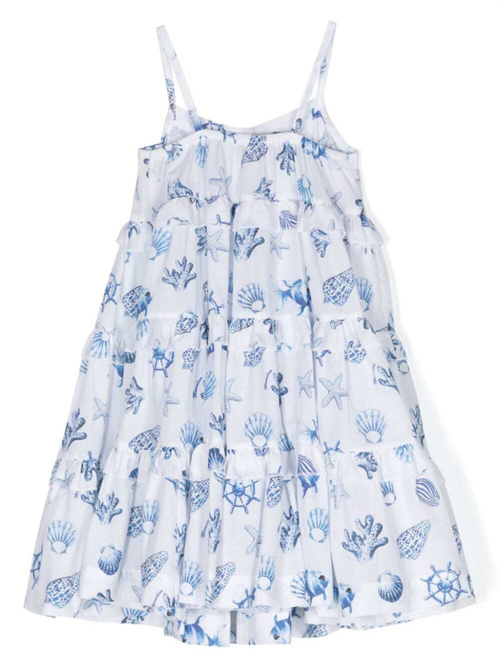 Light Blue And Pink Flounced Dress With Marine Print Cotton Girl