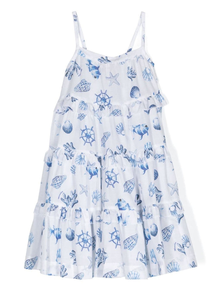 Light Blue And Pink Flounced Dress With Marine Print Cotton Girl