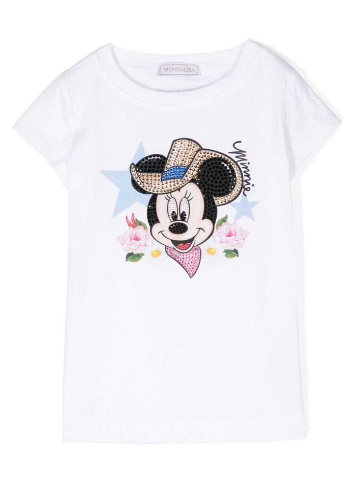 White T-Shirt With Minnie Print And Rhinestone Cotton Girl Tshirts Polo Shirts