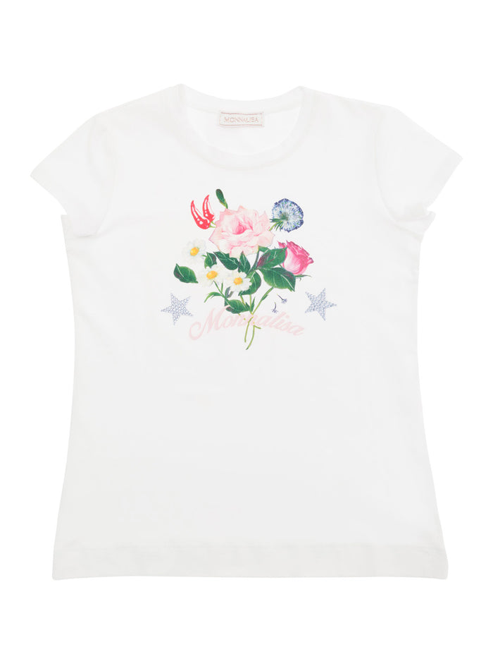 White Short-Sleeve Crew Neck T-Shirt With Front Print Cotton Blend Girl Elastan Tshirts And Polo Shirts