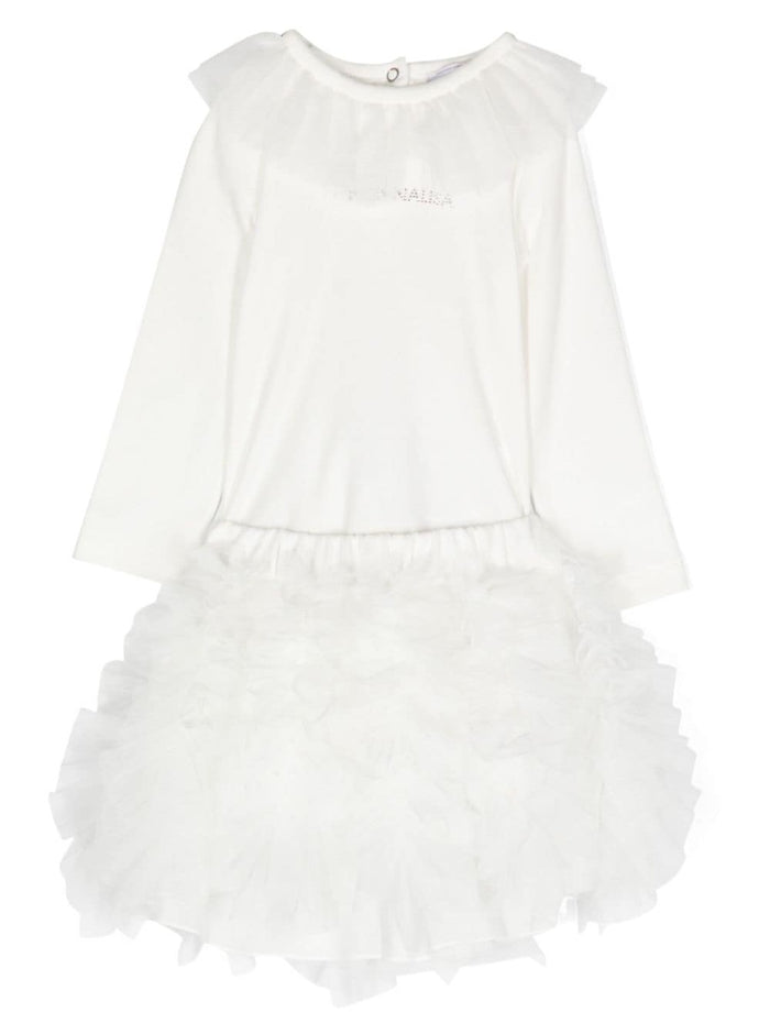 White Three Piece Set With Ruches Fabric And Tulle Girl Polyester Jumpsuits