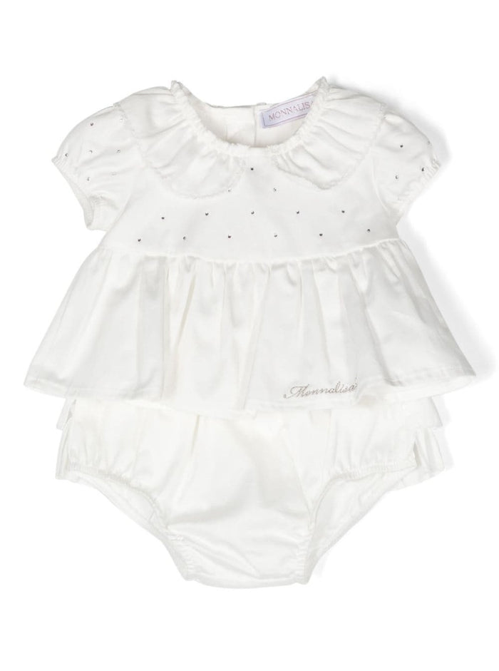 White Romper With Peter Pan Collar And Rhinestone Cotton Baby Jumpsuits