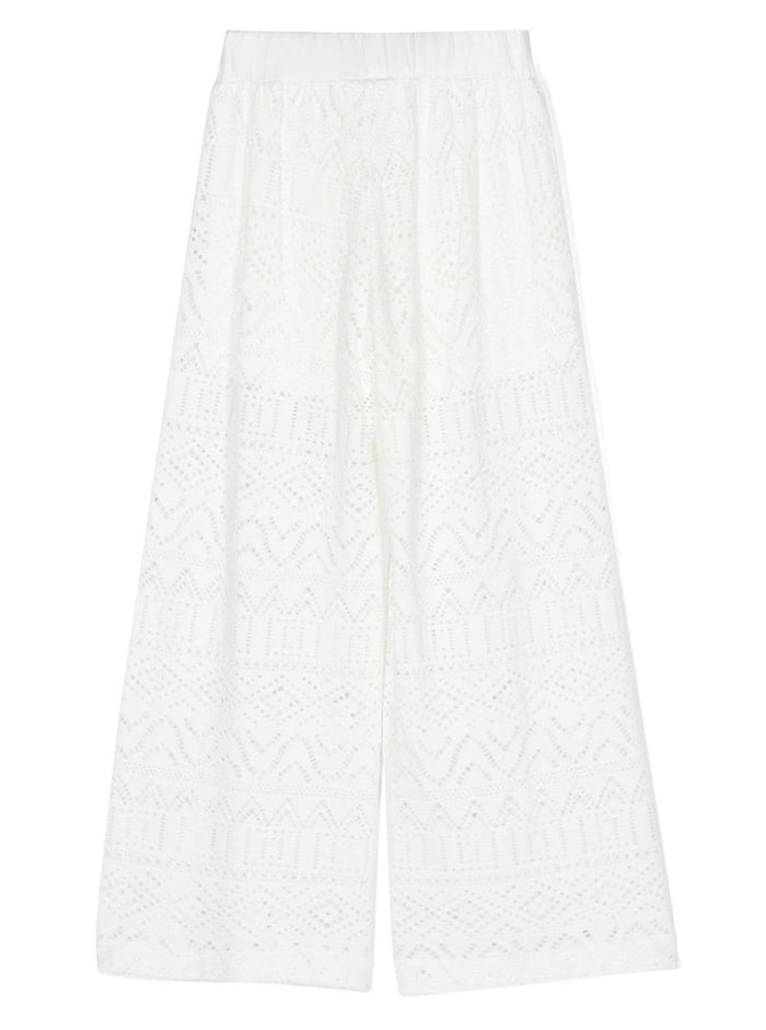 White Pants With Logo Plaque Lace Girl Viscosa Elastan Trousers
