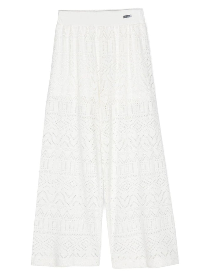 White Pants With Logo Plaque Lace Girl Viscosa Elastan Trousers