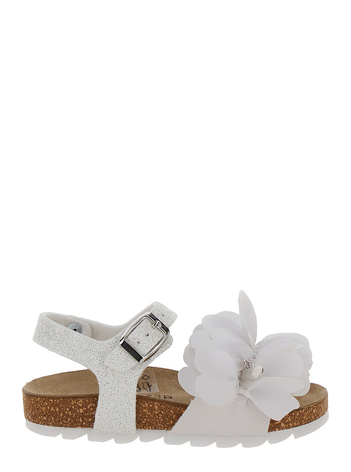 White Sandals With Petals And Glitters Polyurethane Girl Flat Shoes