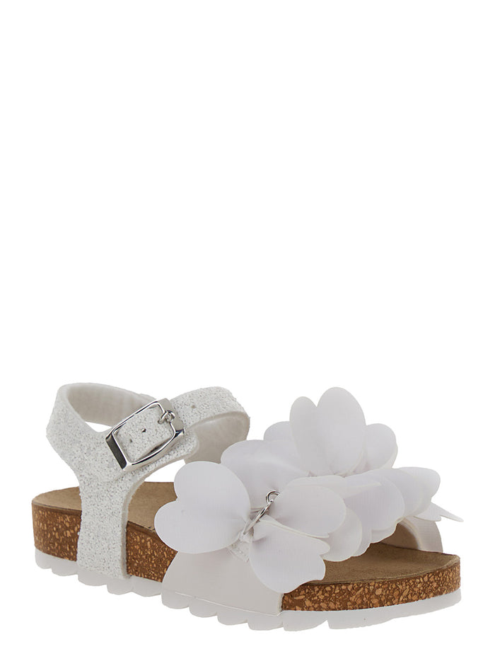 White Sandals With Petals And Glitters Polyurethane Girl Flat Shoes