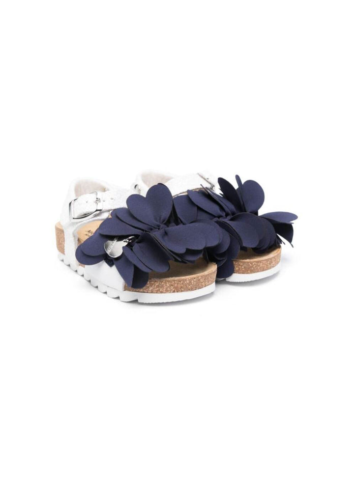 White And Blue Sandals With Heart Shaped Petals Glitters Tech Fabric Girl Polyurethane Flat Shoes