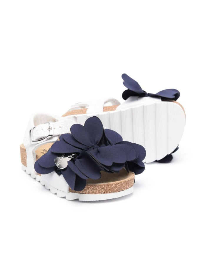 White And Blue Sandals With Heart Shaped Petals Glitters Tech Fabric Girl Polyurethane Flat Shoes