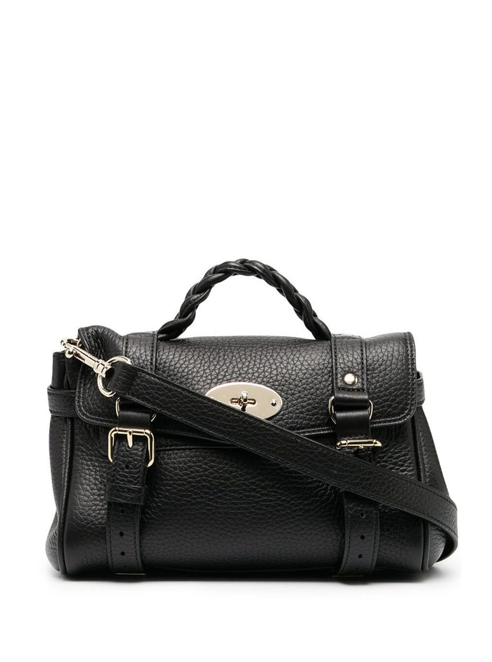 Mini Alexa Black Handbag With Turn Lock Closure Grain Leather Woman Bovine Hand Bags
